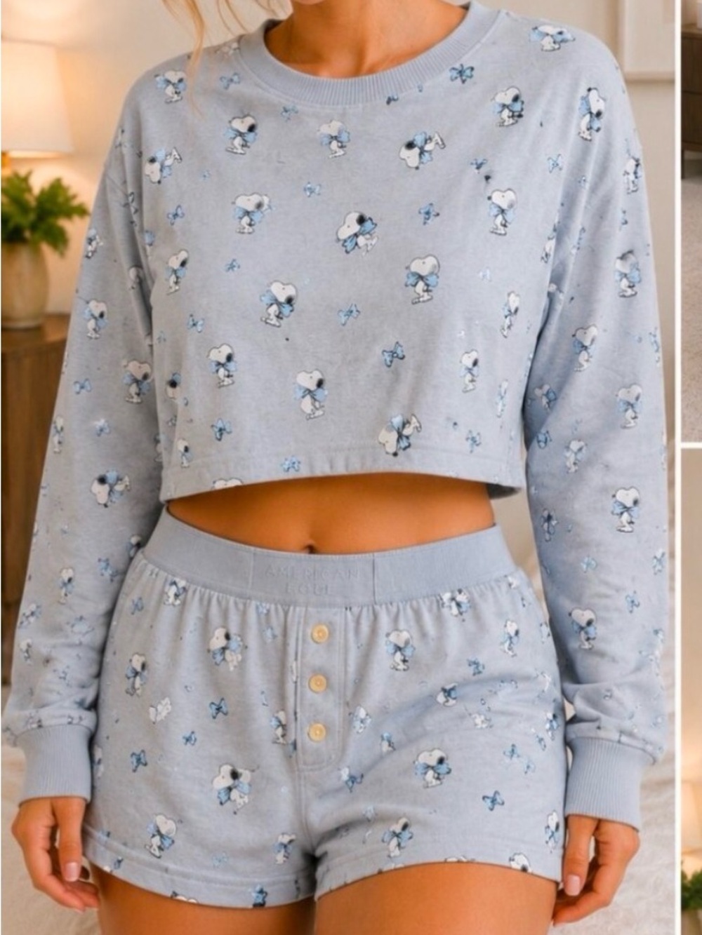 Women's Light Blue Snoopy Print Crop Pajama Set - AE